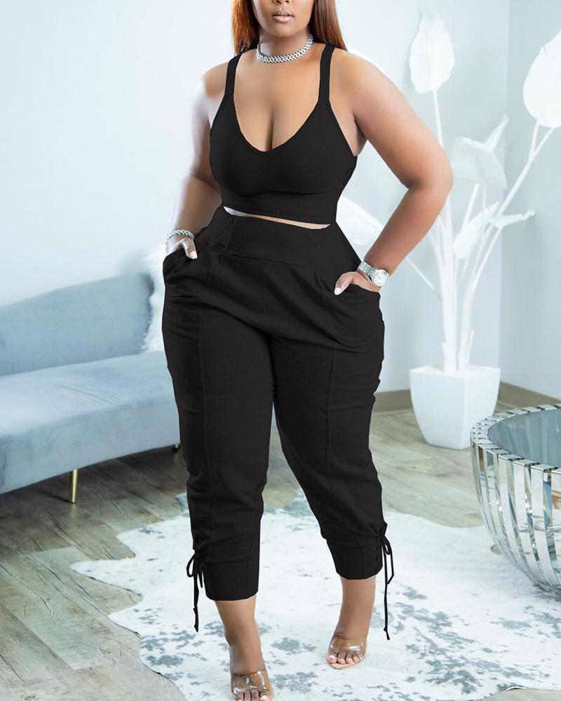 

Thin Strap Crop Top & Eyelet Lace-up Pants Set, Black