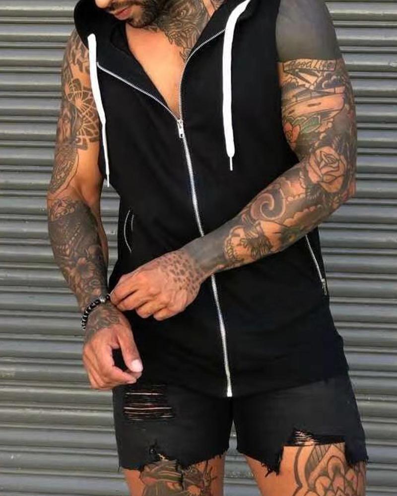 

Solid Sleeveless Zip-up Hooded Sleeveless Sweatshirt Vest Coats, Black