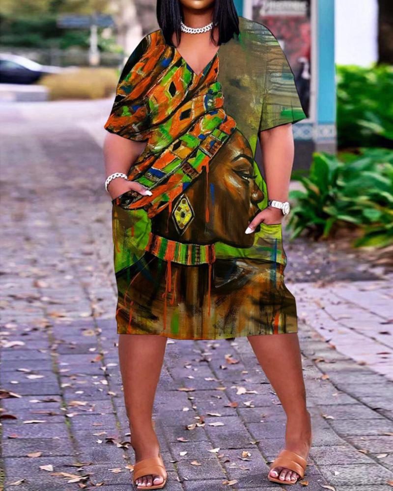 

Plus Size Figure Print Pocket Detail Casual Dress, Green