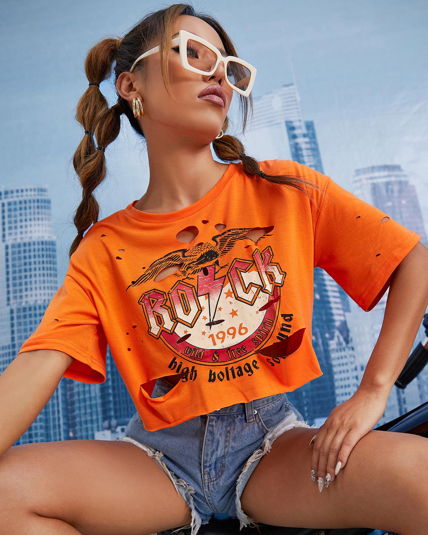 

Figure Print Burnout Short Sleeve T-Shirt, Orange