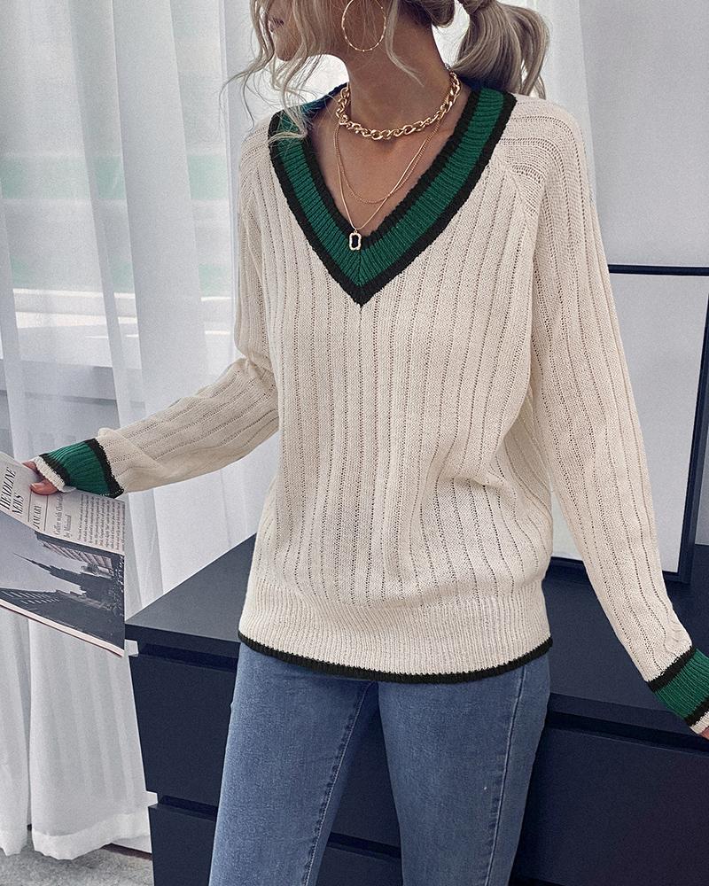 

Long Sleeve V Neck Knit Casual Sweater, White