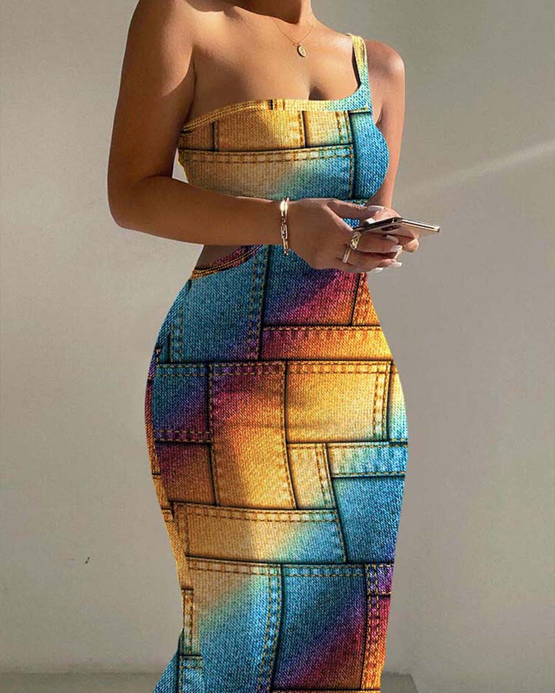 

Denim Look Print Rainbow Ombre Cutout Bodycon Dress, Yellow