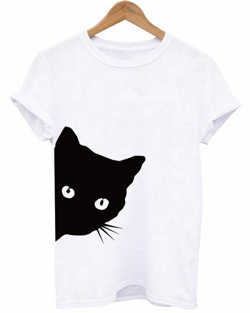 

Summer Women Cotton Print Cat T-Shirt, White