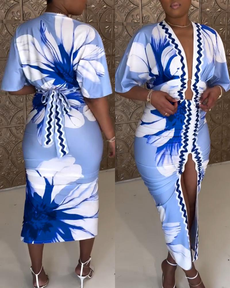 

Robe moulante à imprimé floral, décolleté plongeant en V, manches cloche, coupe ajustée, mi-longue fendue, Lighted blue