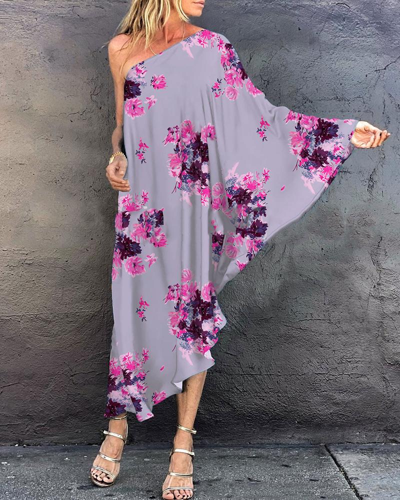 

Floral Print One Shoulder Asymmetrical Maxi Dress, Gray