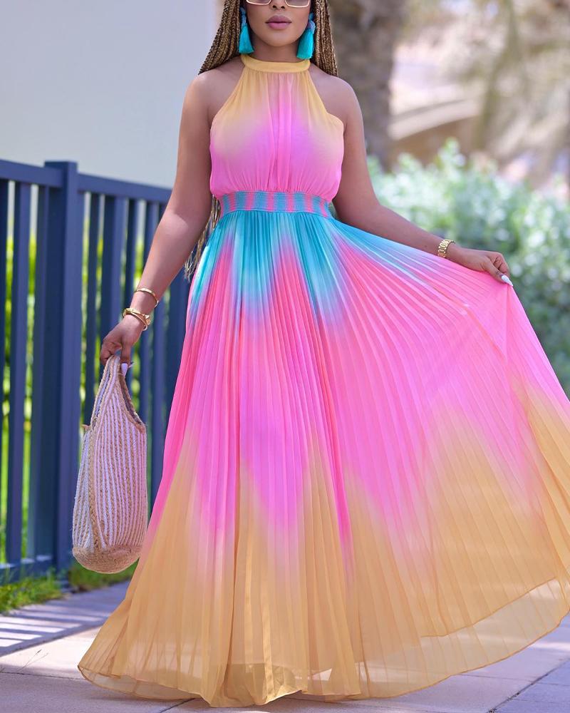 

Ombre Halter Sleeveless Pleated Maxi Dress, Multicolor