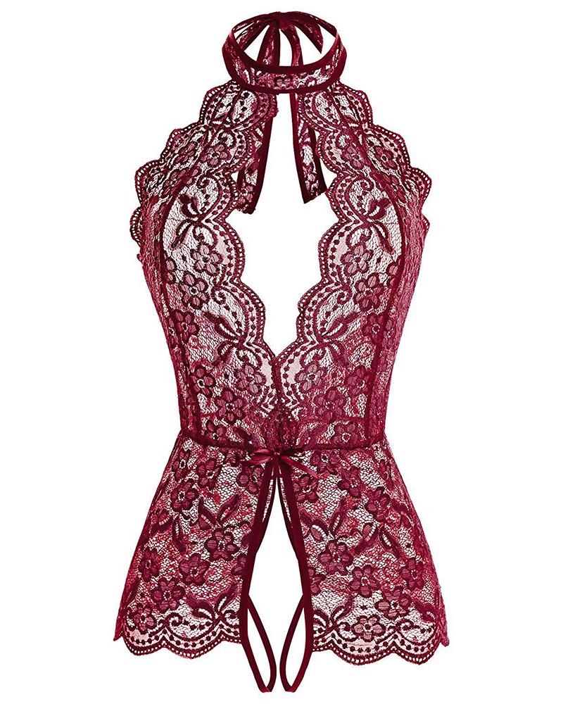 

Crochet Lace Sheer Mesh Halter Teddy, Wine red