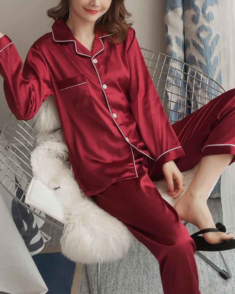 

Satin Contrast Binding Pajama Set, Wine red