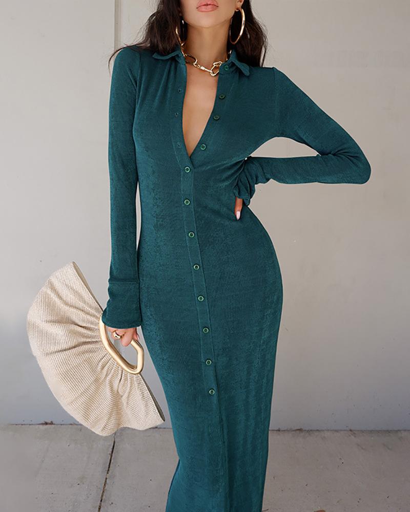 

Long Sleeve Button Design Maxi Dress, Green