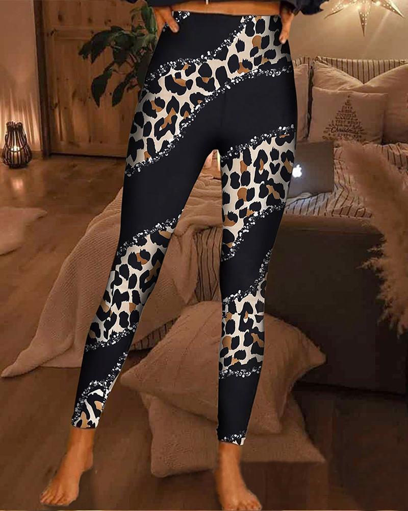 

Leopard Print High Waist Fleece Lined Leggings, Black
