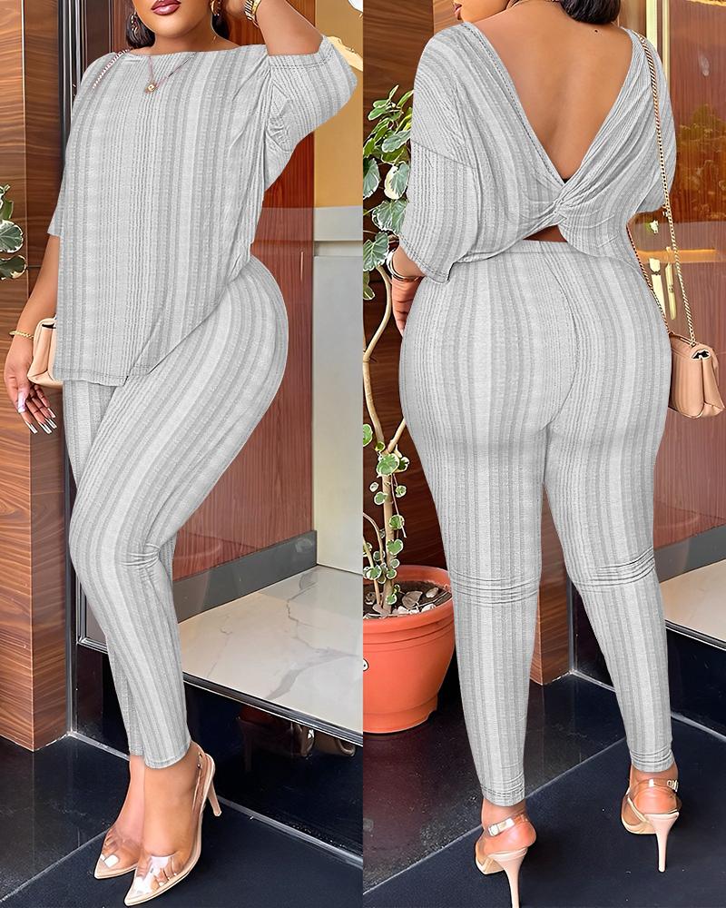 

Twisted Backless Ribbed Top & Pants Set, Gray