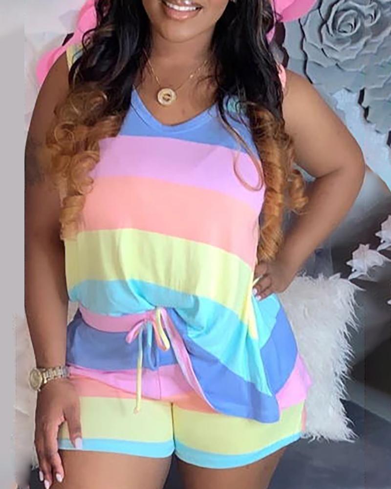 

Striped Print Sleeveless Top & Shorts Set, Pink