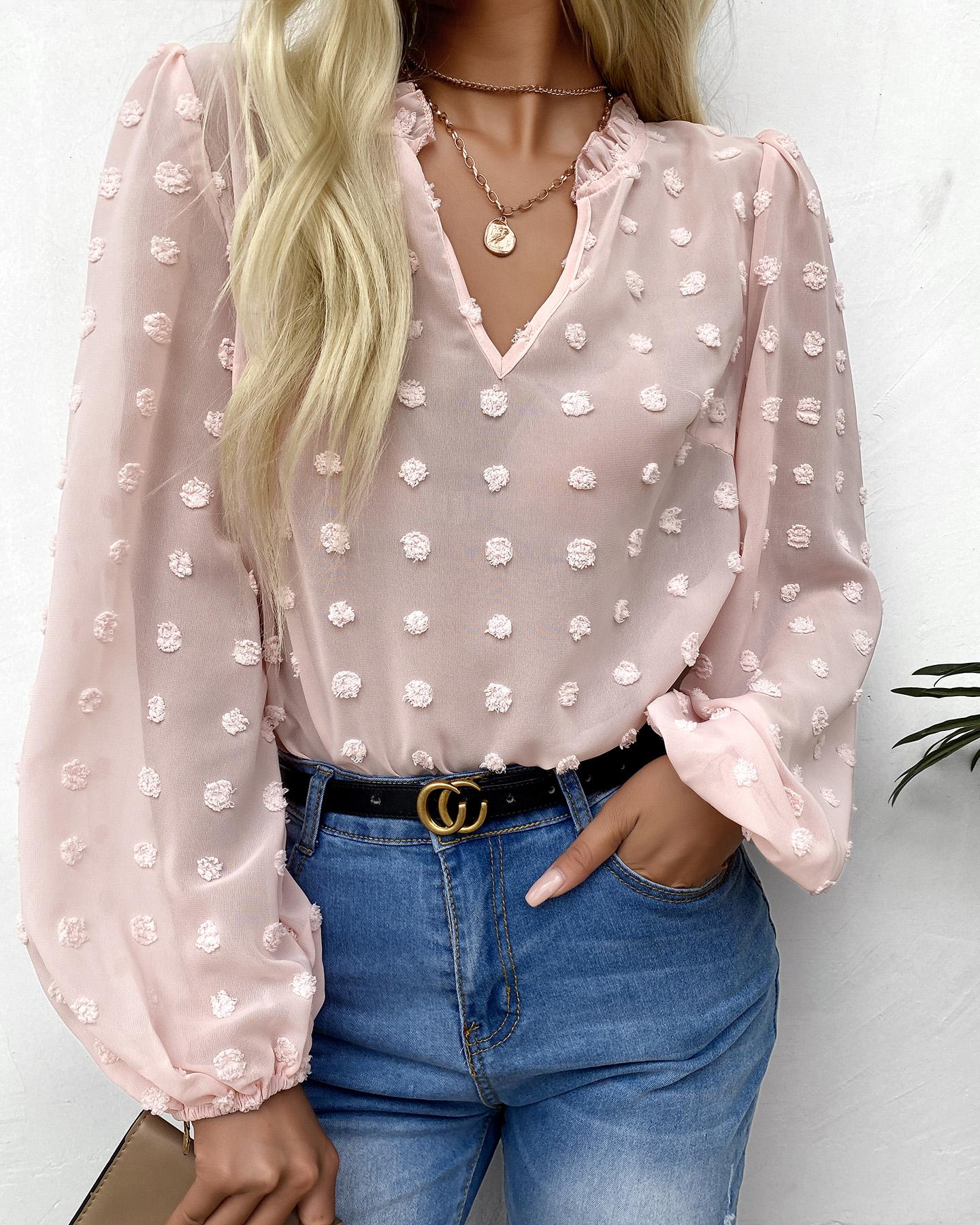 

Swiss Dot Puff Lantern Sleeve Top, Pink