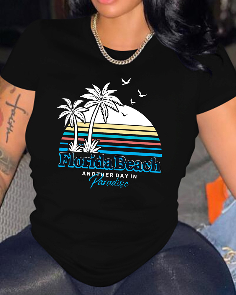 

Landscape Letter Print Short Sleeve T-shirt, Black