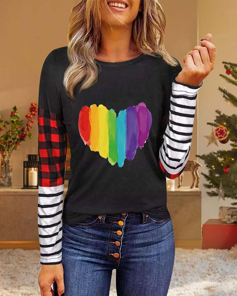 

Valentine' Day Striped Heart Plaid Print O-Neck Top, Style3