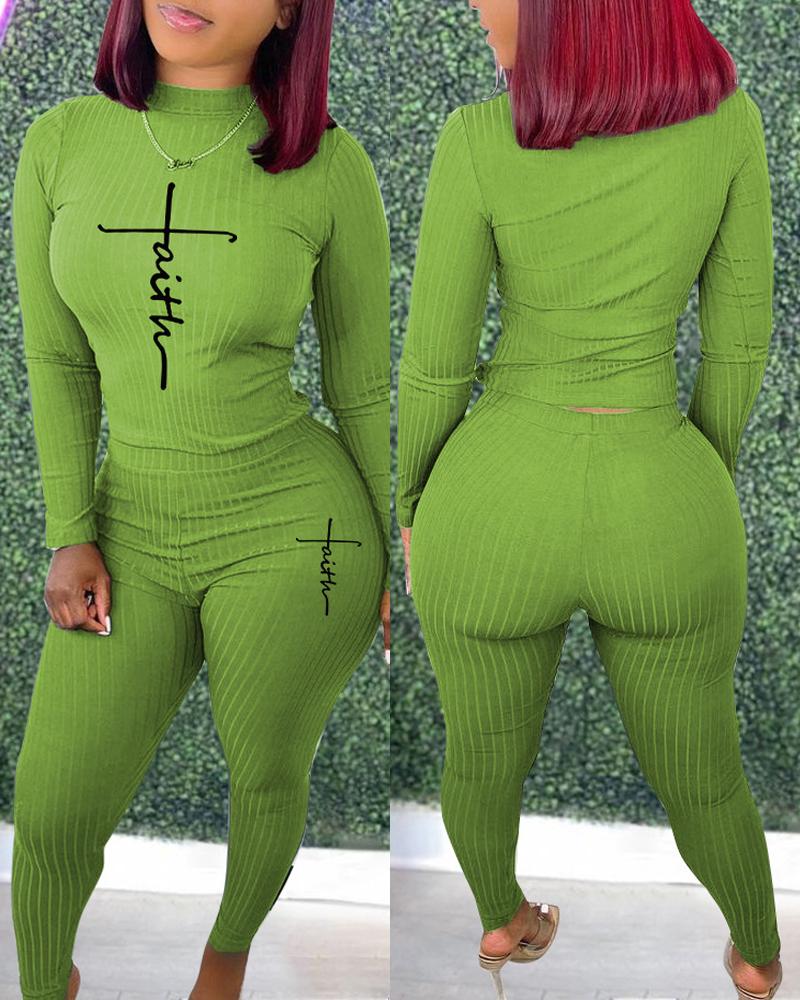 

Letter Print Ribbed Long Sleeve Top & Pants Set, Lvs green