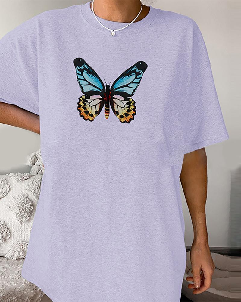 

Short Sleeve Butterfly Print T-Shirt, White