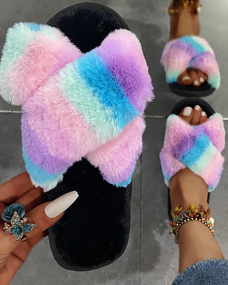 

Fuzzy Colorblock Crisscross Slippers, Pink