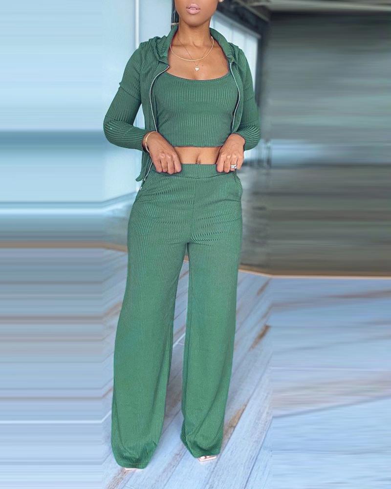 

Ribbed Crop Top & Zipper Design Hooded Coat & Wide Legs Pants Set, Green