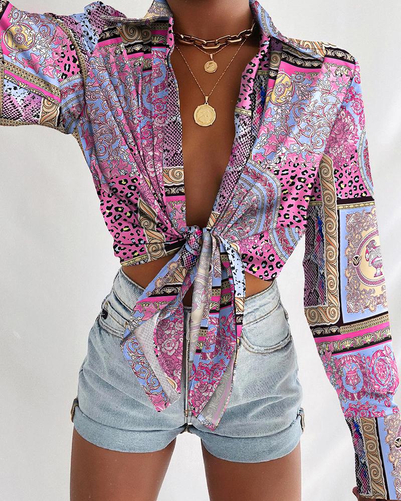 

Scarf Print Tie Front Long Sleeve Shirt, Multicolor