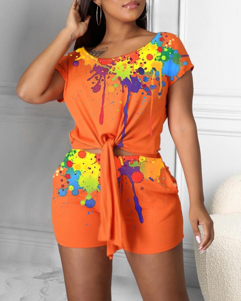 

Ink Splash Tied Detail Casual Top & Shorts Set, Orange