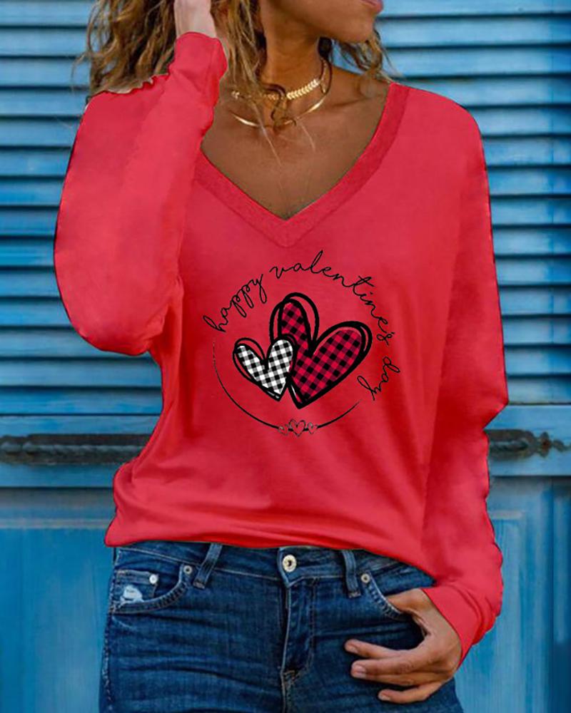 

Valentine's Day Plaid Letter Heart Print Long Sleeve Top, Red