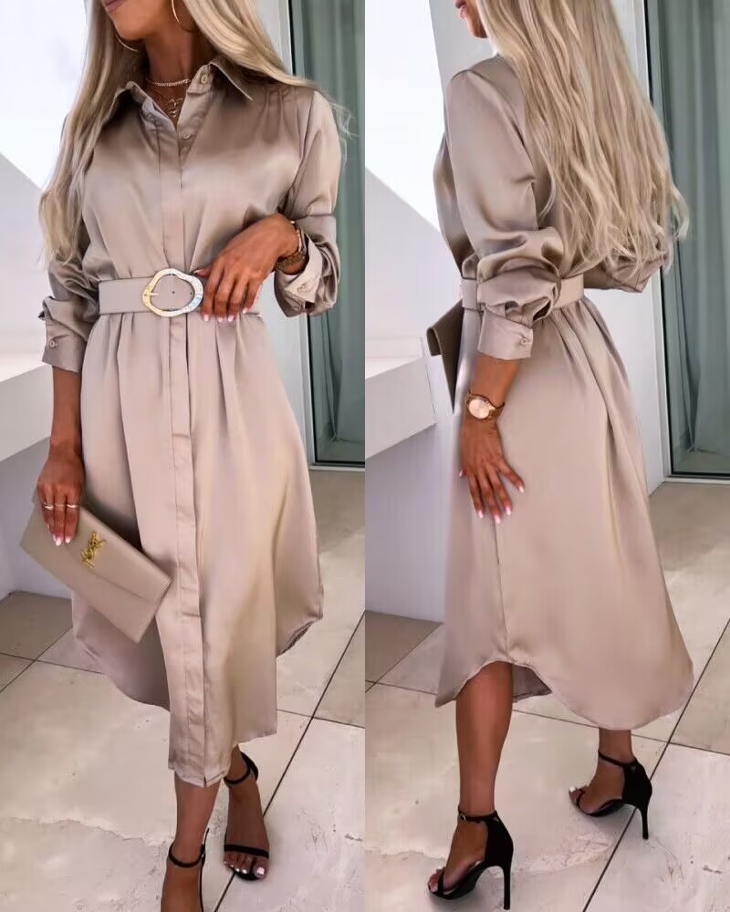 

Buttoned Long Sleeve Satin Shirt Dress, Khaki