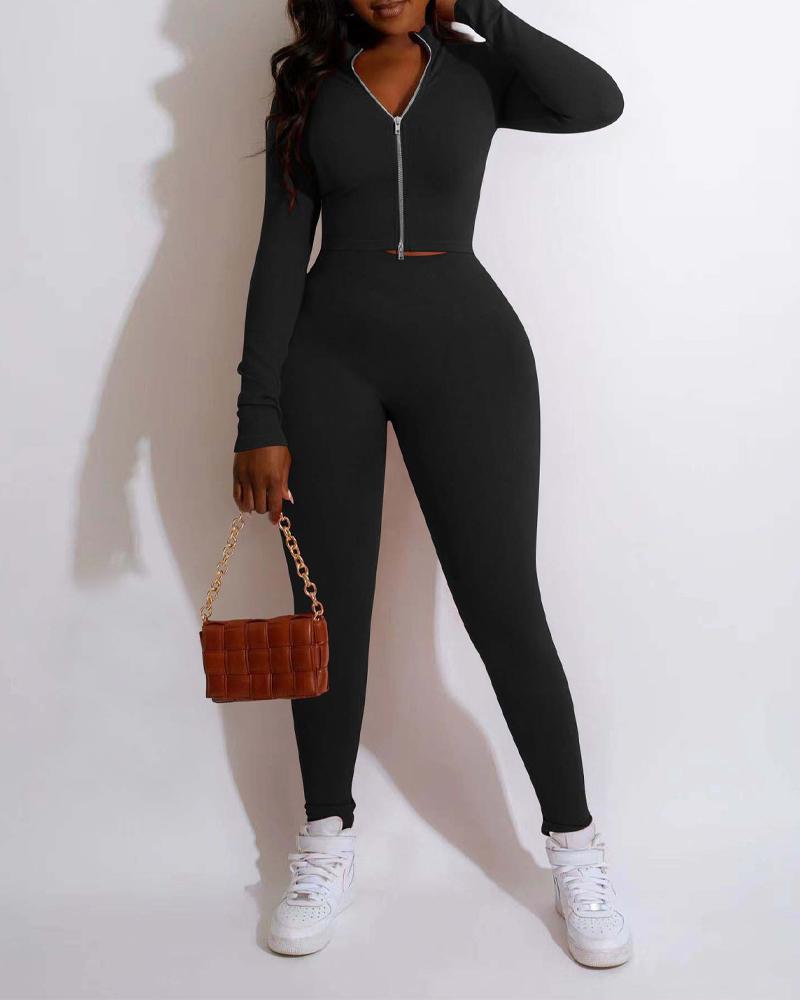 

Long Sleeve Zip Up Top & Pants Set, Black