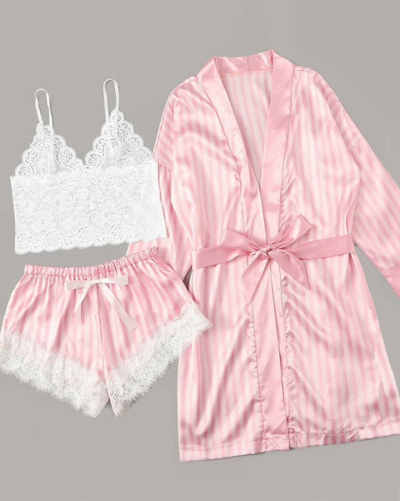 

3PCS Lace Trim Satin Sexy Sleepwear, Pink