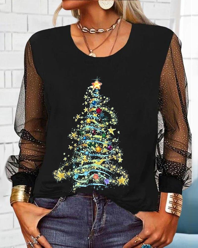 

Christmas Tree Print Sheer Mesh Long Sleeve Top, Black