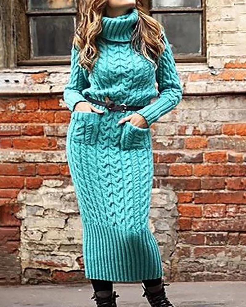 

High Neck Long Sleeve Braided Sweater Dress, Turquoise blue