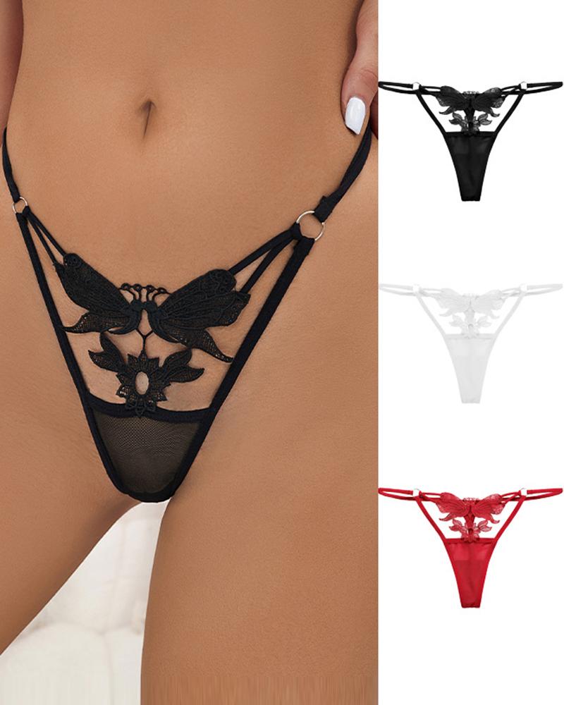 

Hollow Out Lace Patch Sheer Mesh Thong Panty, Black