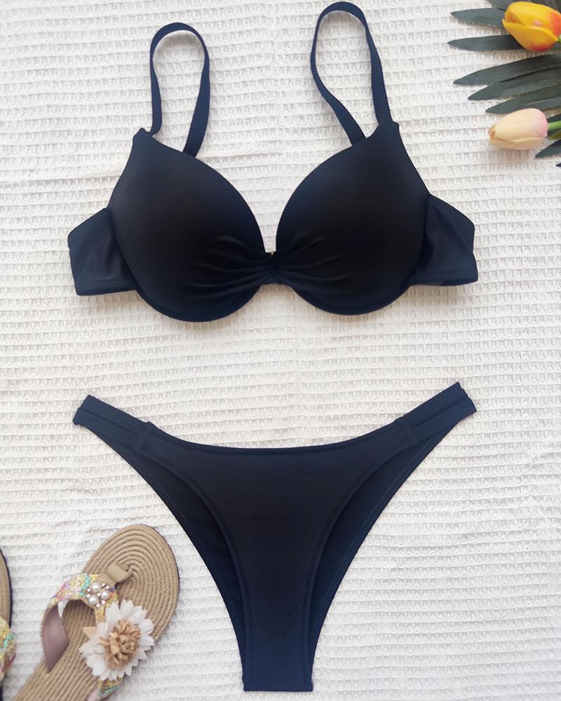 

Spaghetti Strap Ruched Bikini Set, Black