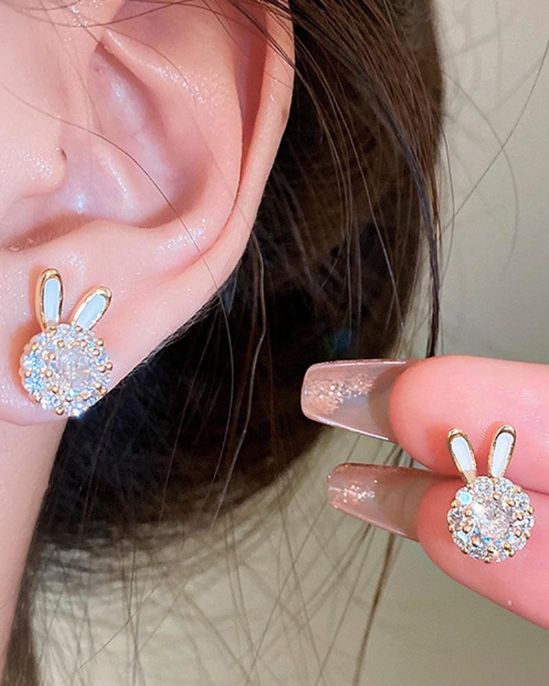 

1Pair Easter Bunny Shaped Rhinestone Spin Earrings, Silver