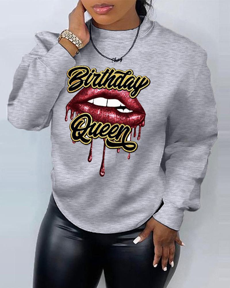 

Plus Size Letter Lip Print Long Sleeve Sweatshirt, Gray