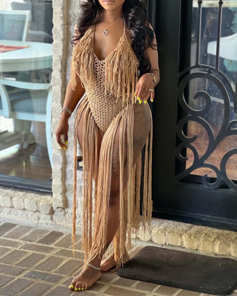 

Tassel Design Halter Backless Crochet Cover Up, Khaki
