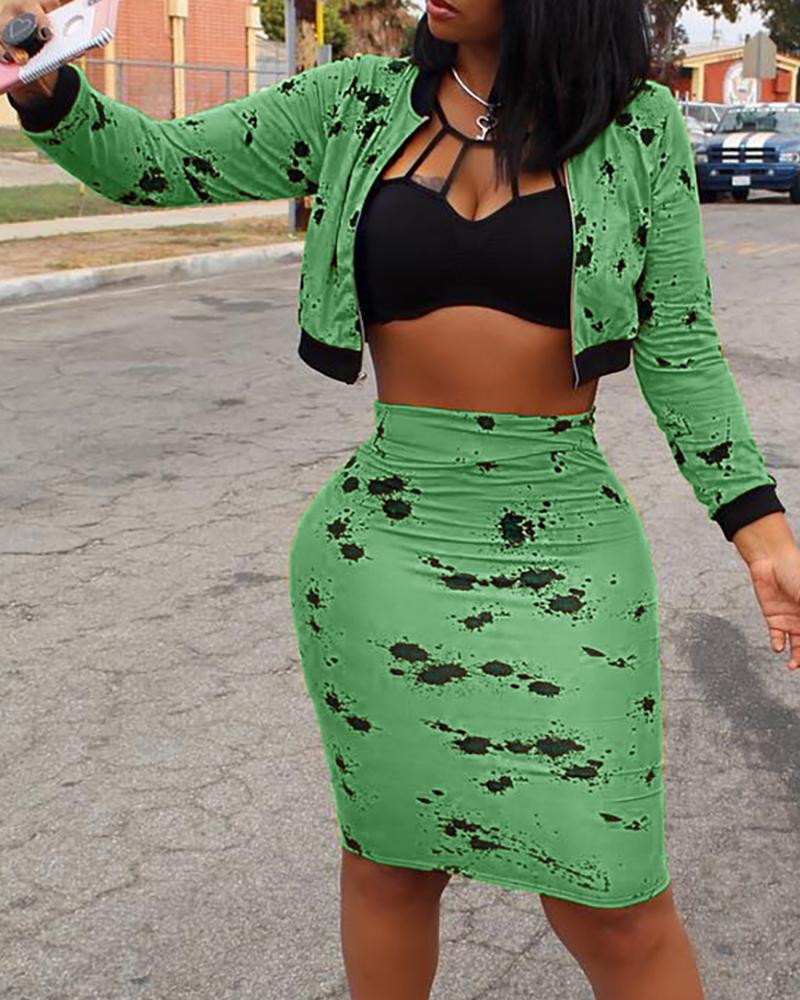 

Splash-ink Zipper Design Jacket & Skirts Sets, Green