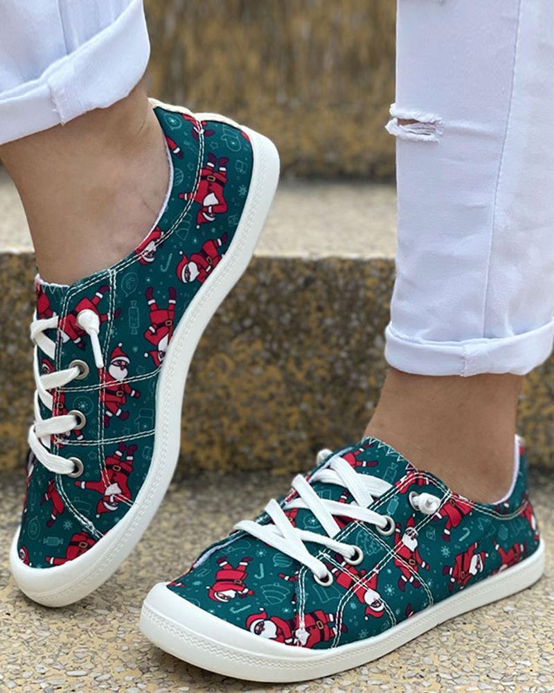 

Christmas Santa Tree Print Lace-up Canvas Slip-On, Dark green