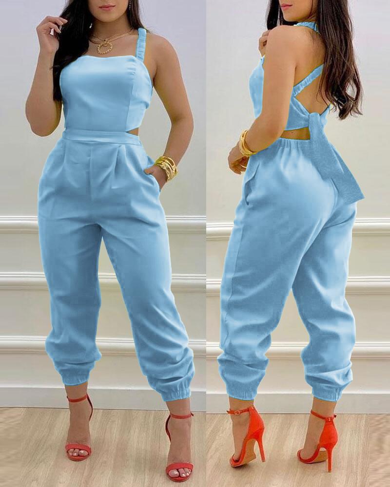 

Criss Cross Tied Detail Backless Jumpsuit, Lighted blue