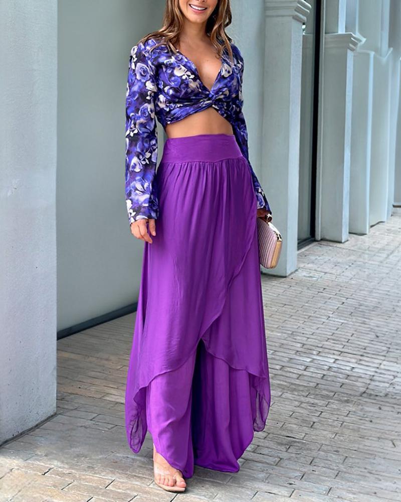 

Floral Print Twisted Crop Top & Asymmetrical Pants Set, Dark purple