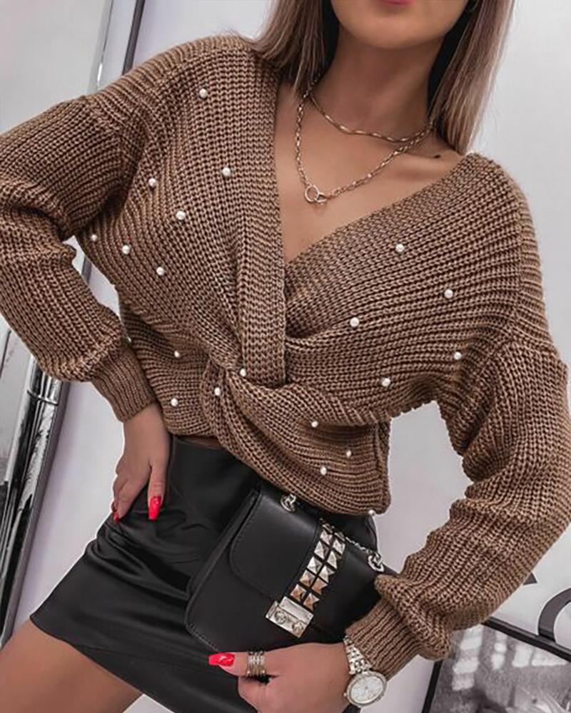 

V-Neck Long Sleeve Beaded Twisted Knit Sweater, Coffee