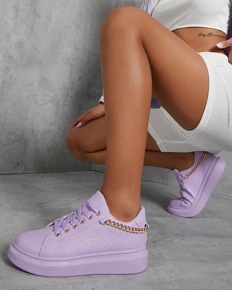 

Chain Decor Eyelet Lace-up Sneakers, Purple