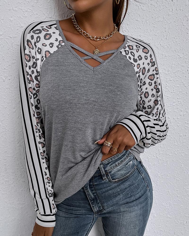

Striped Colorblock Long Sleeve Casual Top, Gray