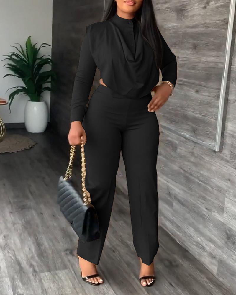 

Long Sleeve Cowl Neck Asymmetrical Top & Pants Set, Black
