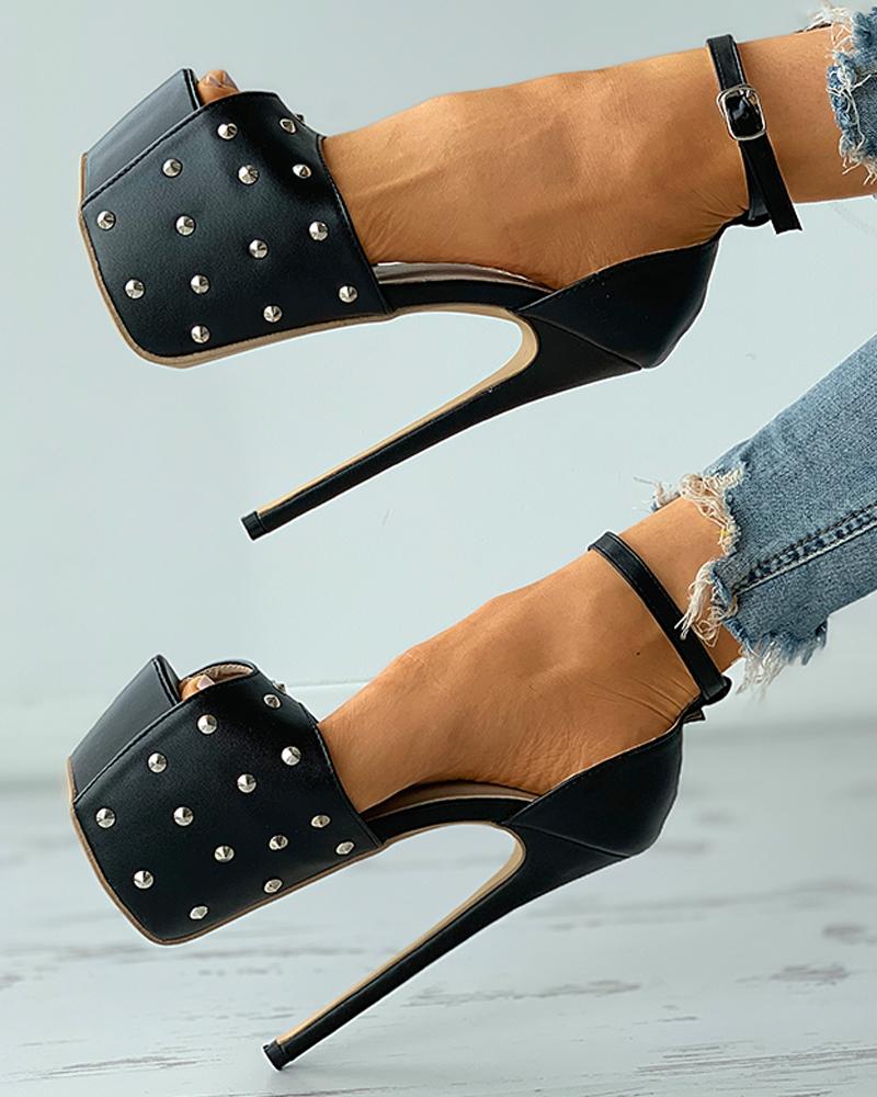 

Rivet Peep Toe Ankle Strap Platform Stiletto Heels, Black