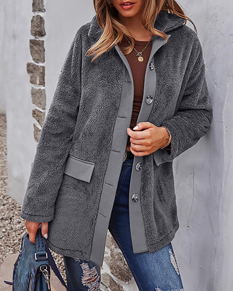 

Fluffy Long Sleeve Fake Pocket Shacket, Gray