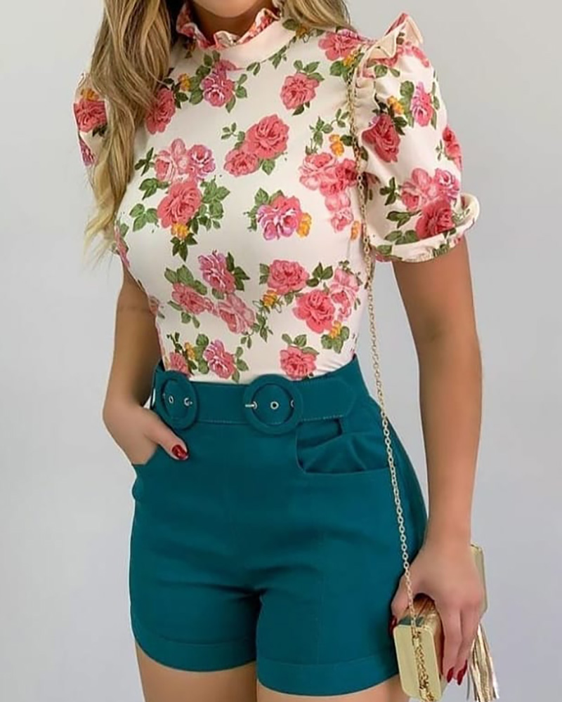 

Floral Print Puffed Sleeve Top & Shorts Set, Green