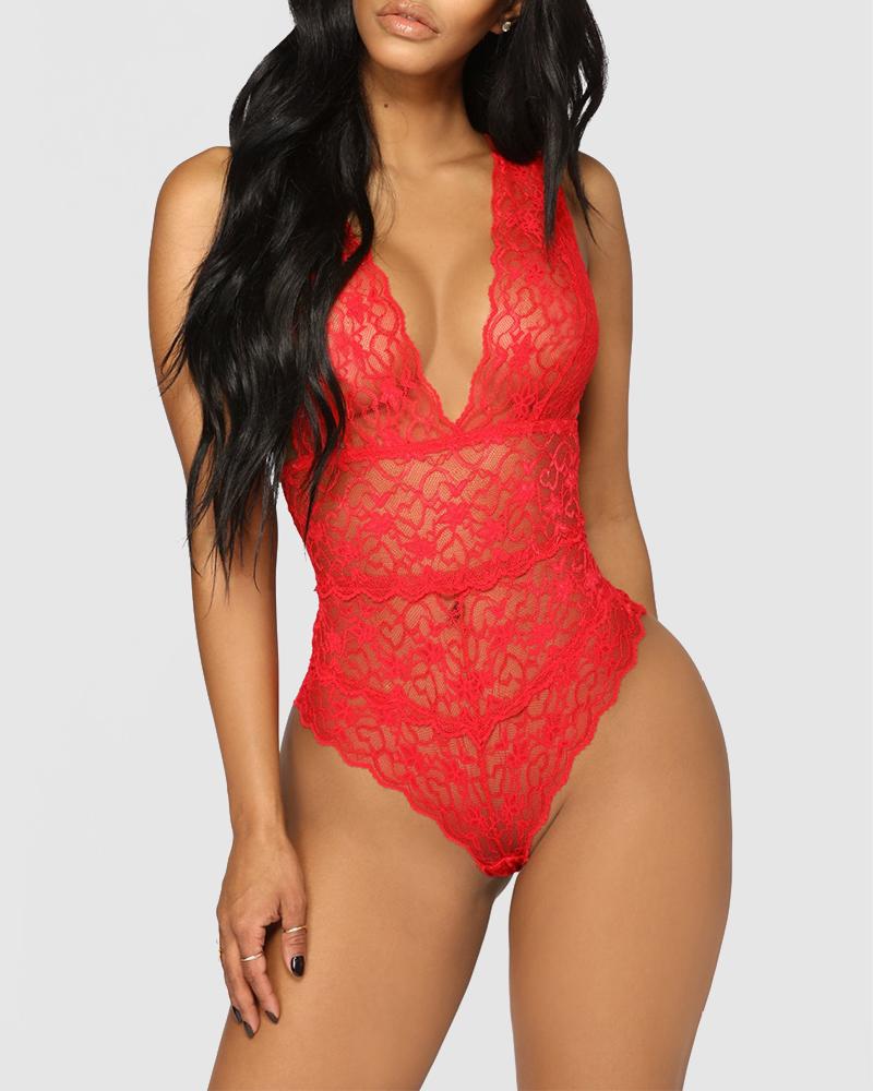 

Solid Sleeveless Skinny Lace Teddies, Red