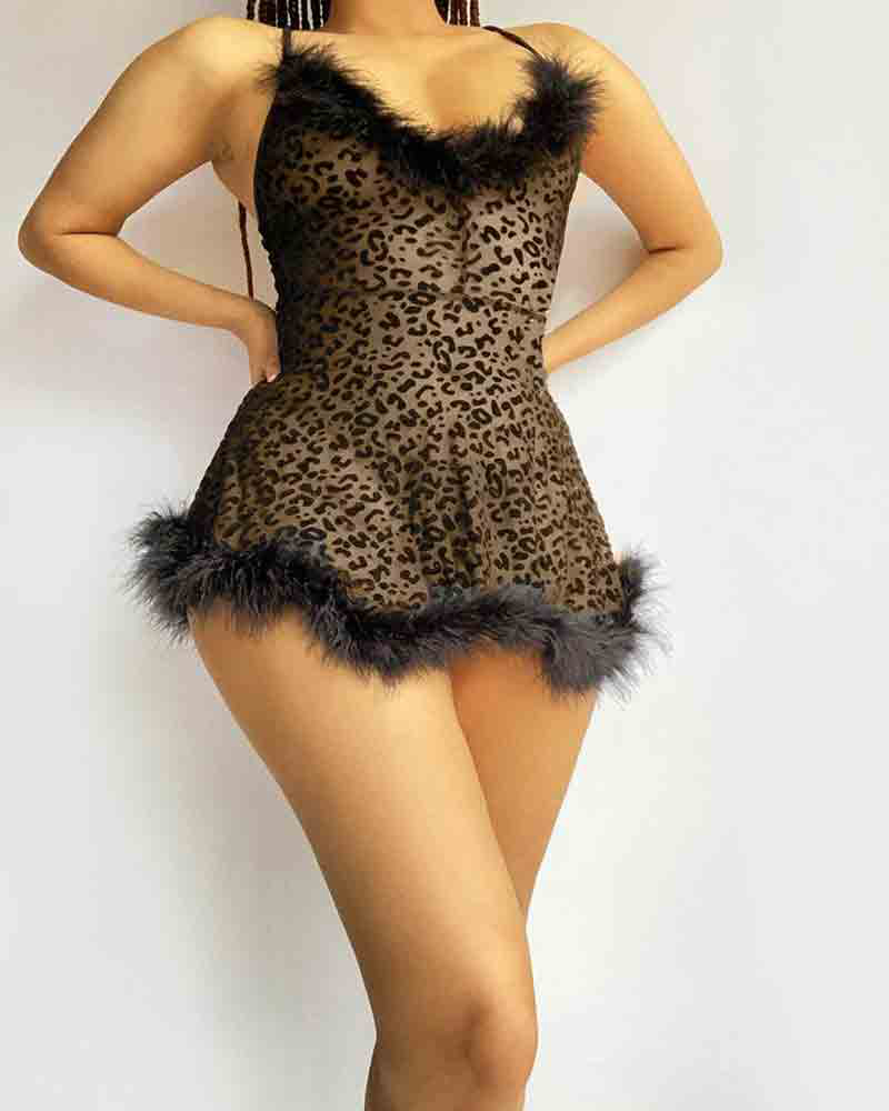 

Leopard Flocked Fuzzy Trim Sheer Mesh Babydoll With Thong, Black