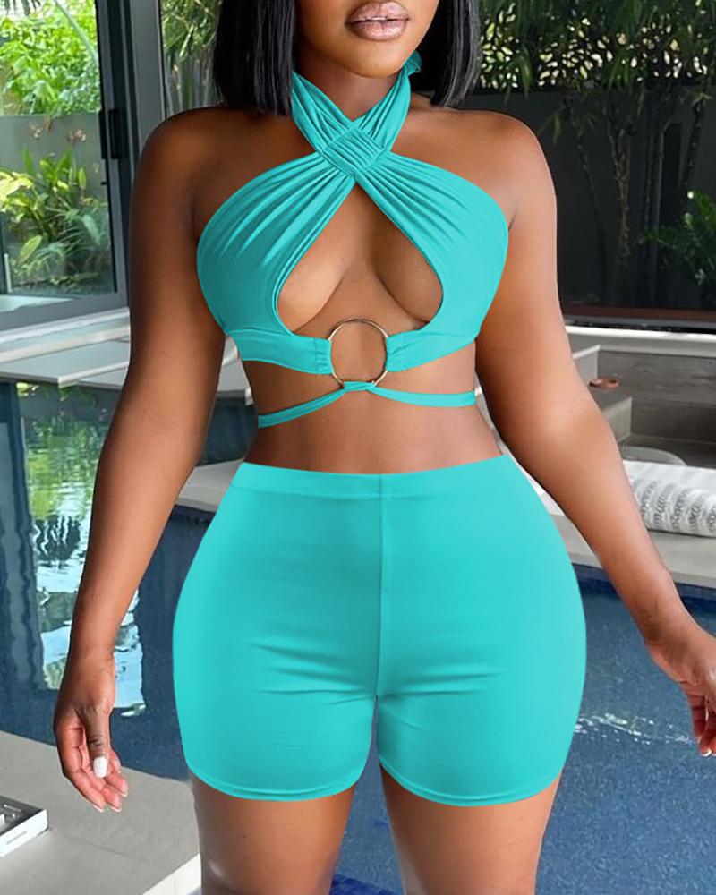 

Halter O-Ring Cutout Crop Top & Shorts Sets, Blue